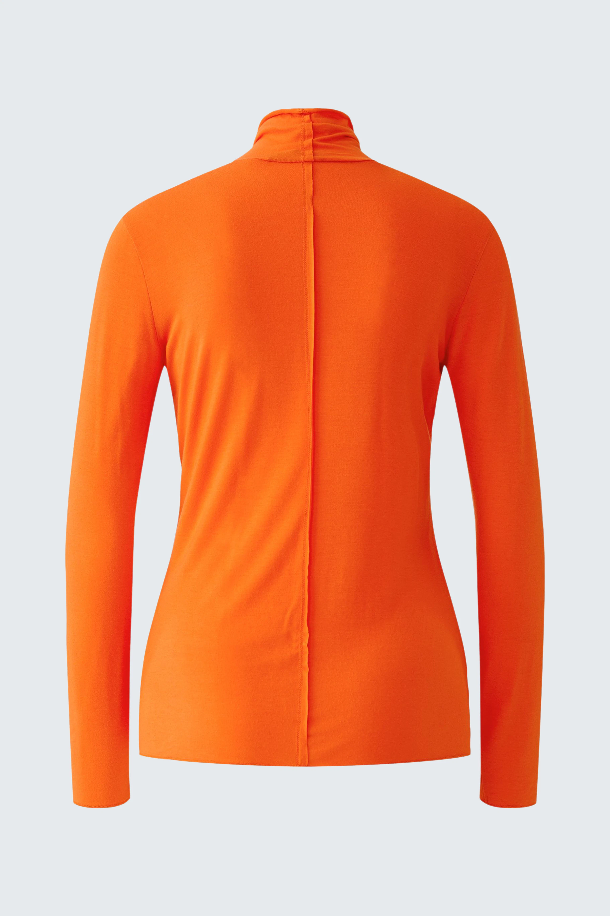 Bright orange long-sleeve shirt with a high collar, shown from the back.