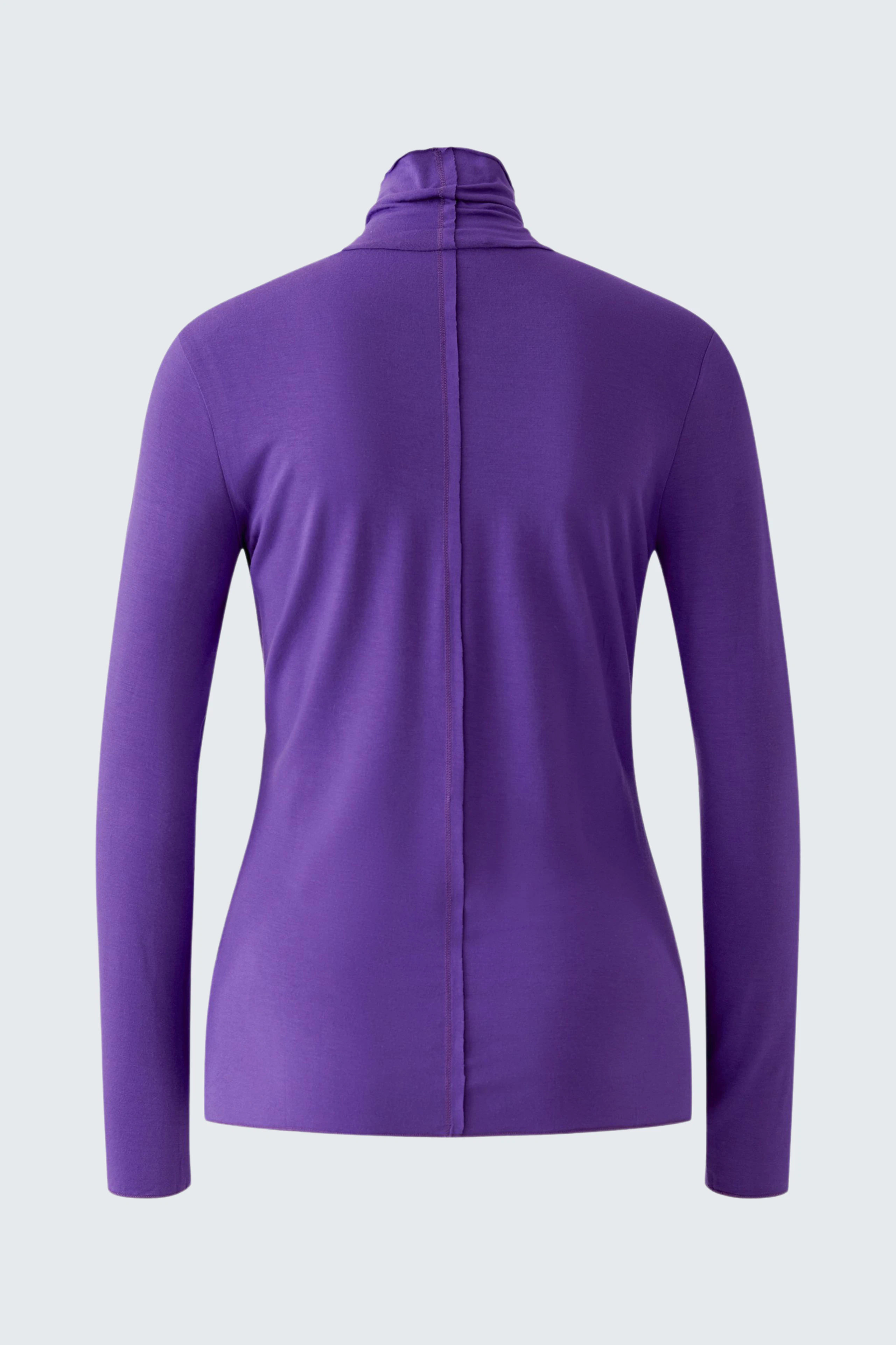 Purple long-sleeve shirt: Back view of a women's shirt with a high collar, showcasing its sleek design.