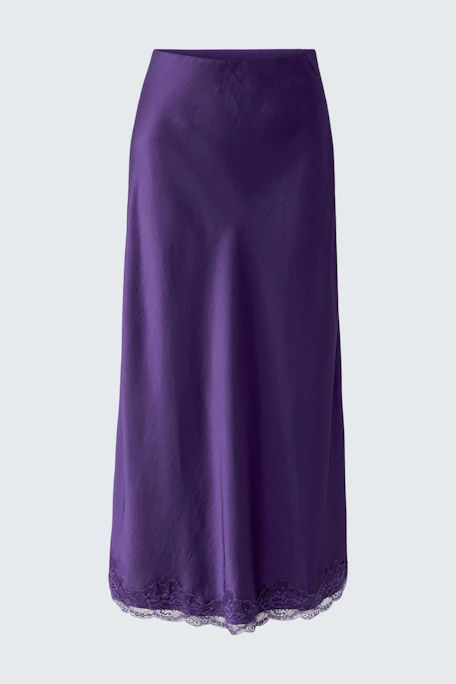 Purple maxi skirt with lace hem, perfect for a casual look. No model, just the skirt displayed.