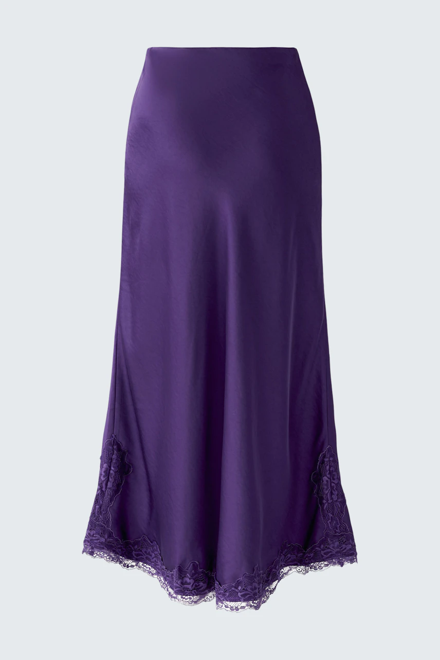 Purple maxi skirt with lace hem, perfect for casual wear. No model, just the skirt displayed.