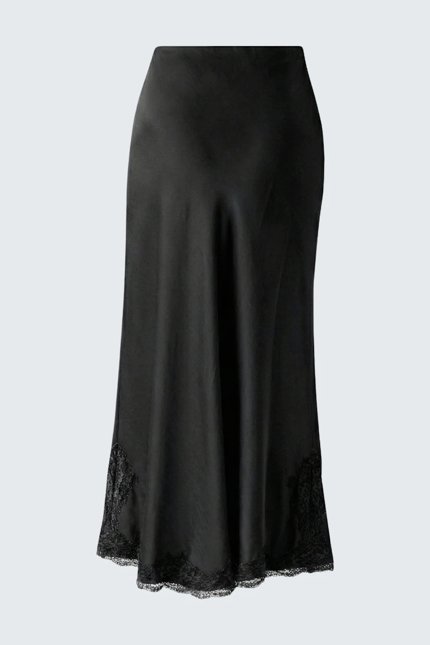 Black maxi skirt with lace hem, perfect for versatile styling. No model, just the skirt.