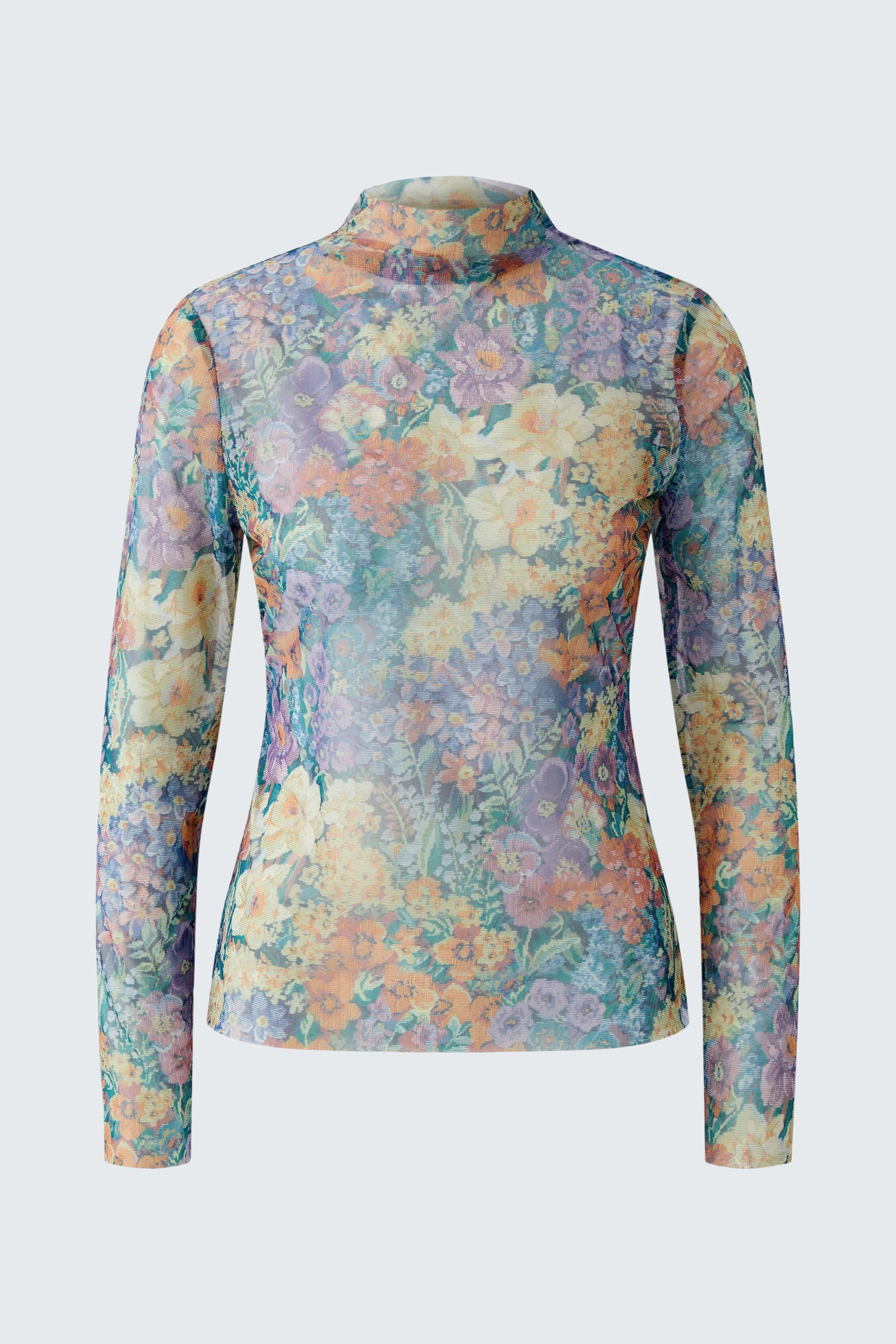 Floral long-sleeve shirt: Colorful floral pattern on a fitted long-sleeve shirt, perfect for layering.