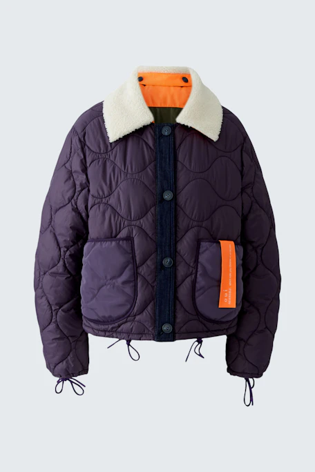 Reversible jacket: Quilted purple jacket with orange accents and a cozy white collar.