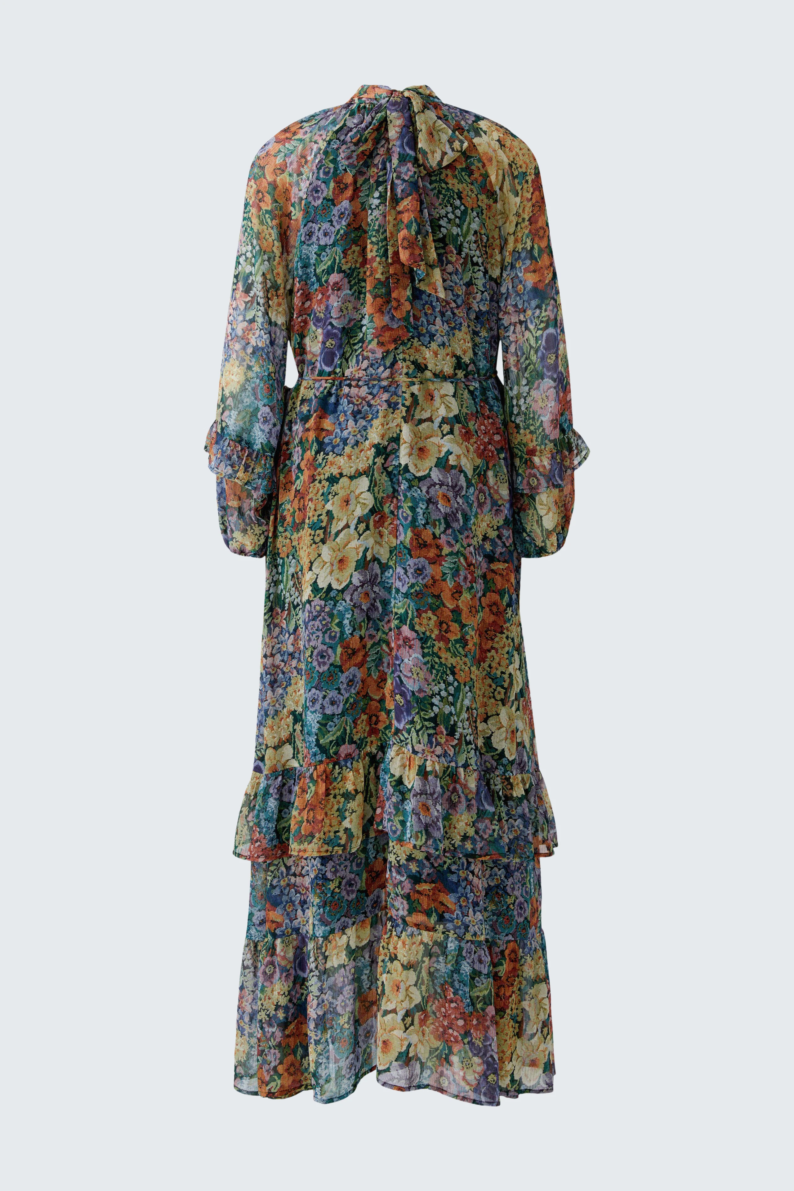 Floral maxi dress with long sleeves and tiered skirt, vibrant colors, no model shown.