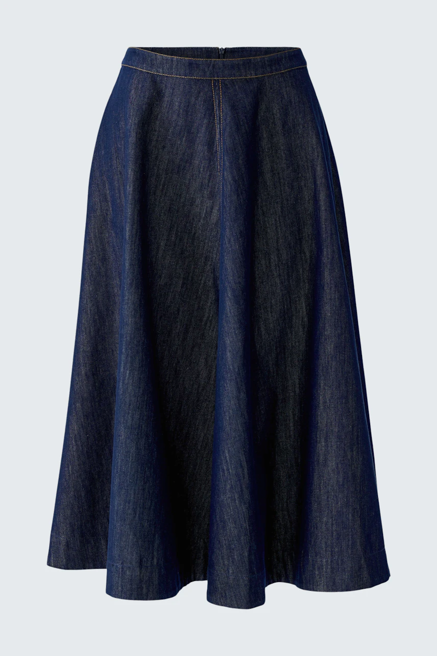 Denim A-line skirt: Classic blue denim with a flared silhouette, perfect for casual wear.