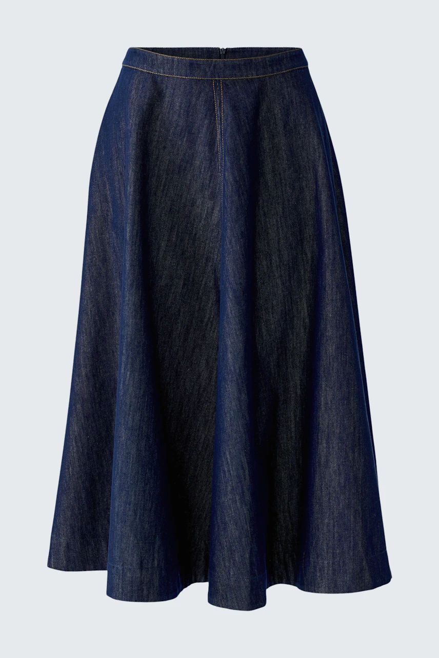 Denim A-line skirt: Classic blue denim with a flared silhouette, perfect for casual wear.