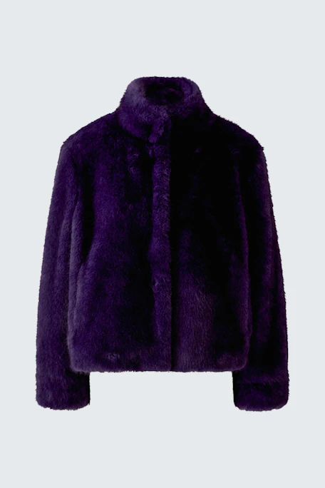 Plush outdoor jacket in deep purple, perfect for warmth and style. No model, just the jacket displayed.