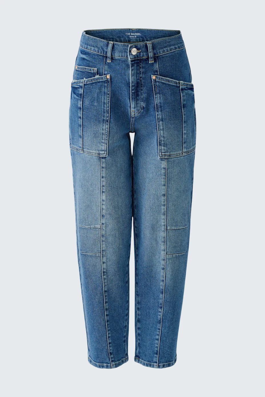 Casual Barrel Jeans: Blue denim jeans with wide legs and large pockets, perfect for a relaxed look.