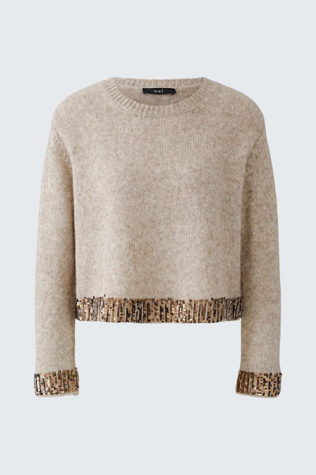 Beiger Damen-Pullover: Weicher Strick mit gemusterten Bündchen, ideal für lässige Outfits.