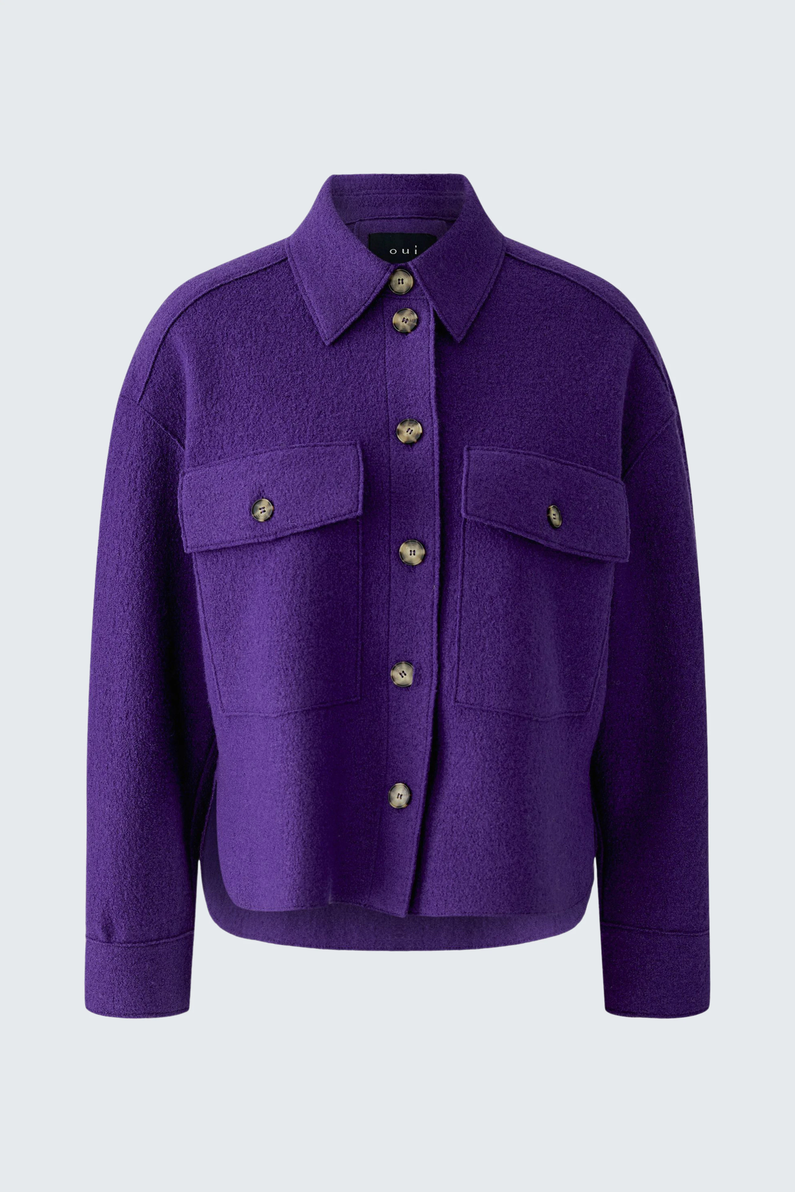 Vibrant purple overshirt with button closure and chest pockets, perfect for layering.