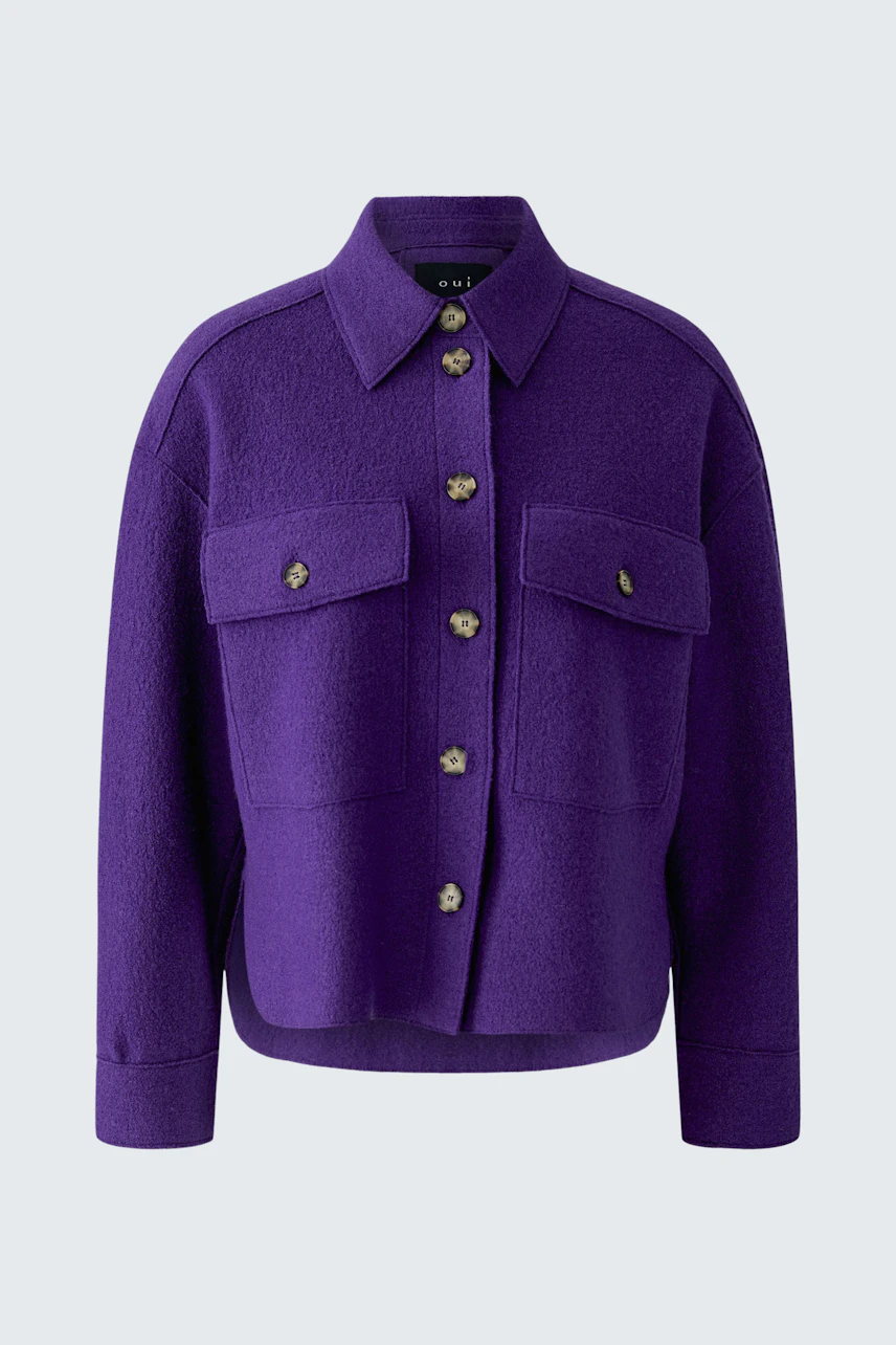 Vibrant purple overshirt with button closure and chest pockets, perfect for layering.