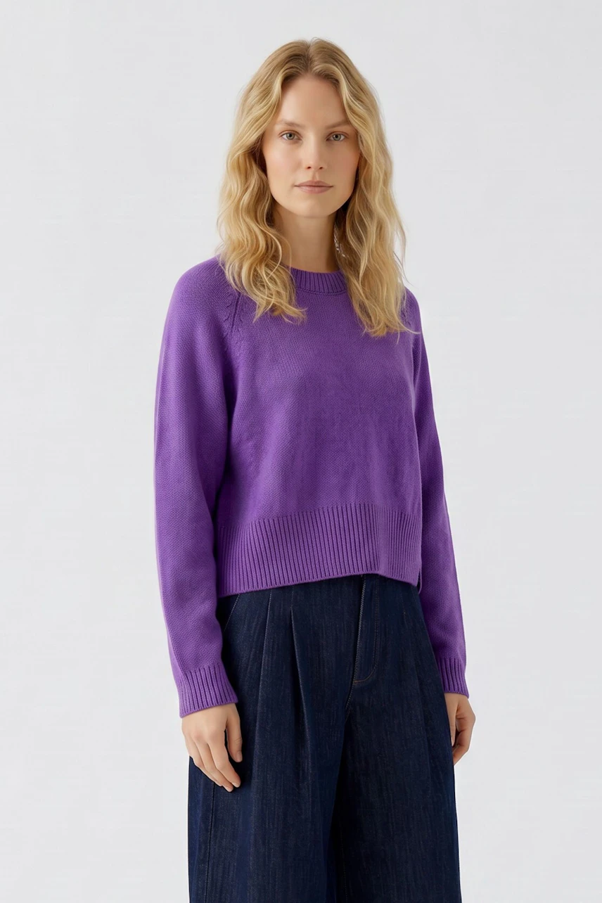 Casual women's pullover: Woman in a purple pullover with relaxed fit and dark wide-leg pants.