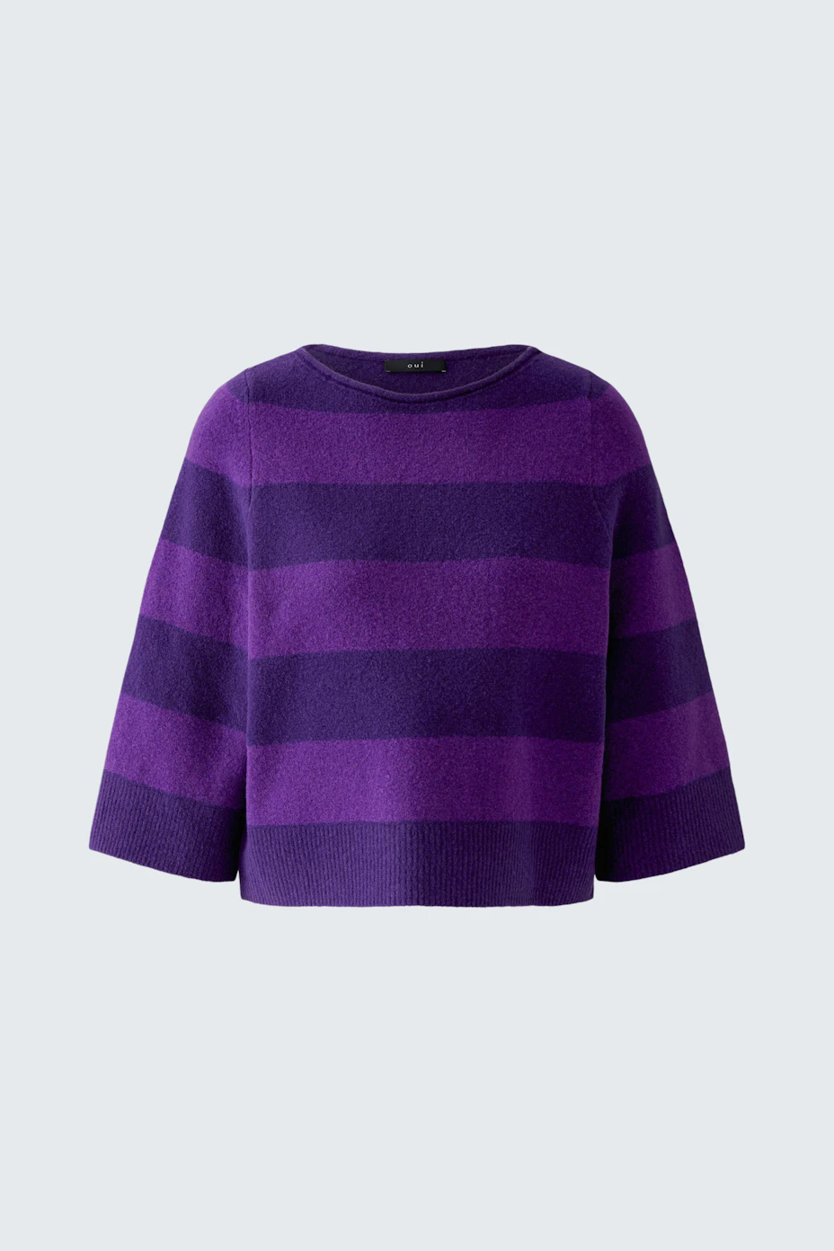 Striped purple pullover: Bold horizontal stripes in dark and light purple, no model shown.