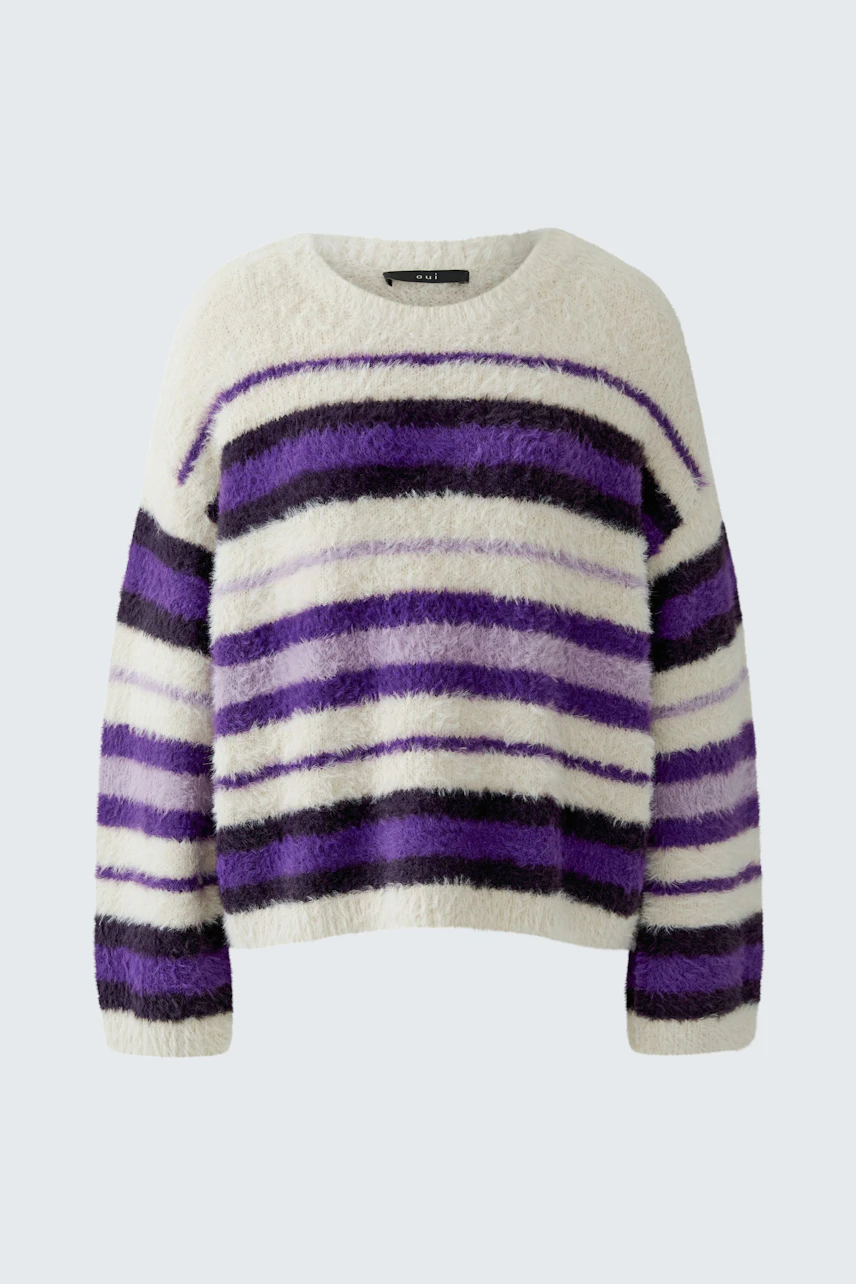 Cozy striped pullover in purple and white hues, perfect for a casual and stylish look.