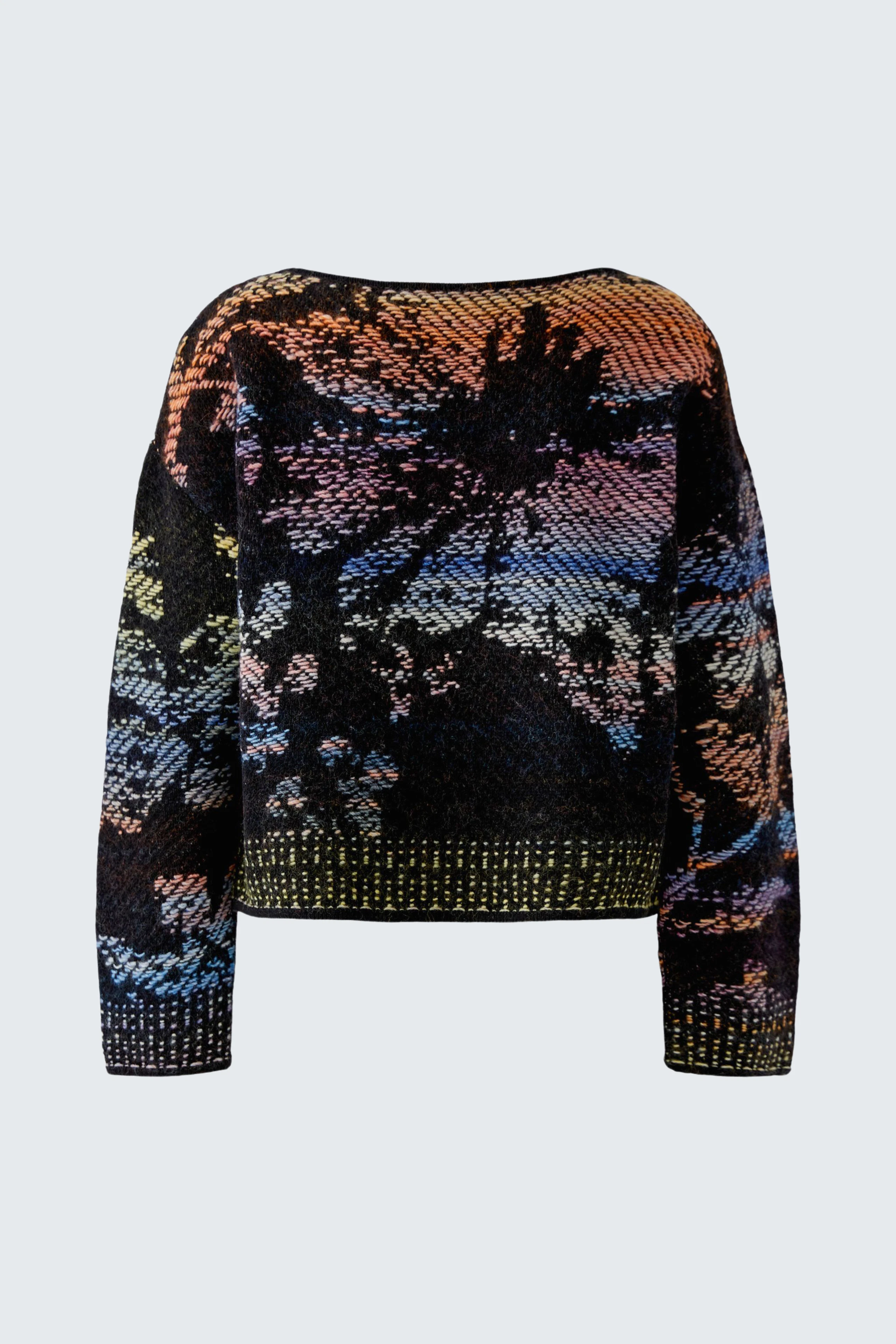 Bunter Damen-Pullover: Strickpullover mit lebendigem Muster in Blau, Orange und Schwarz, ohne Model.