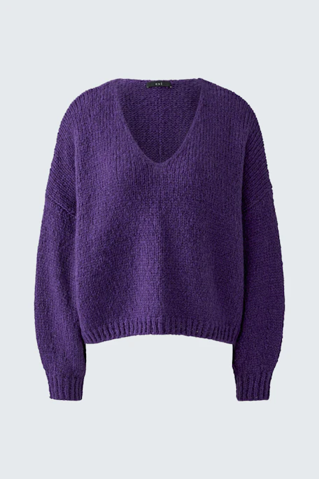 Lila Damen-Pullover: Weicher Strickpullover mit V-Ausschnitt, ideal für lässige Outfits.