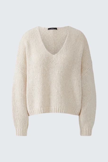 Beiger Damen-Pullover: Weicher Strickpullover mit V-Ausschnitt, ideal für lässige Outfits.