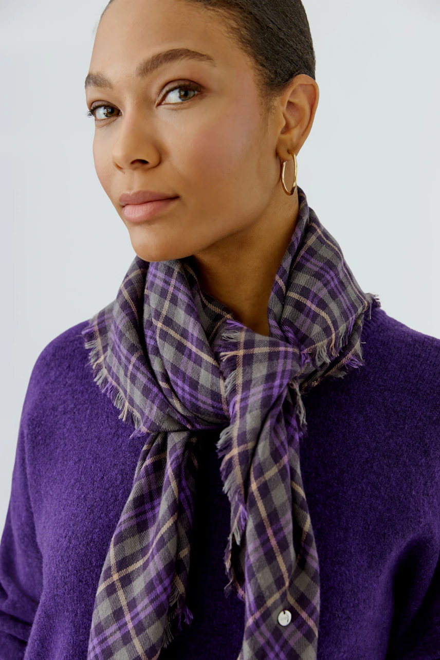 Plaid scarf: Woman in purple pullover with a checkered scarf, looking confidently.