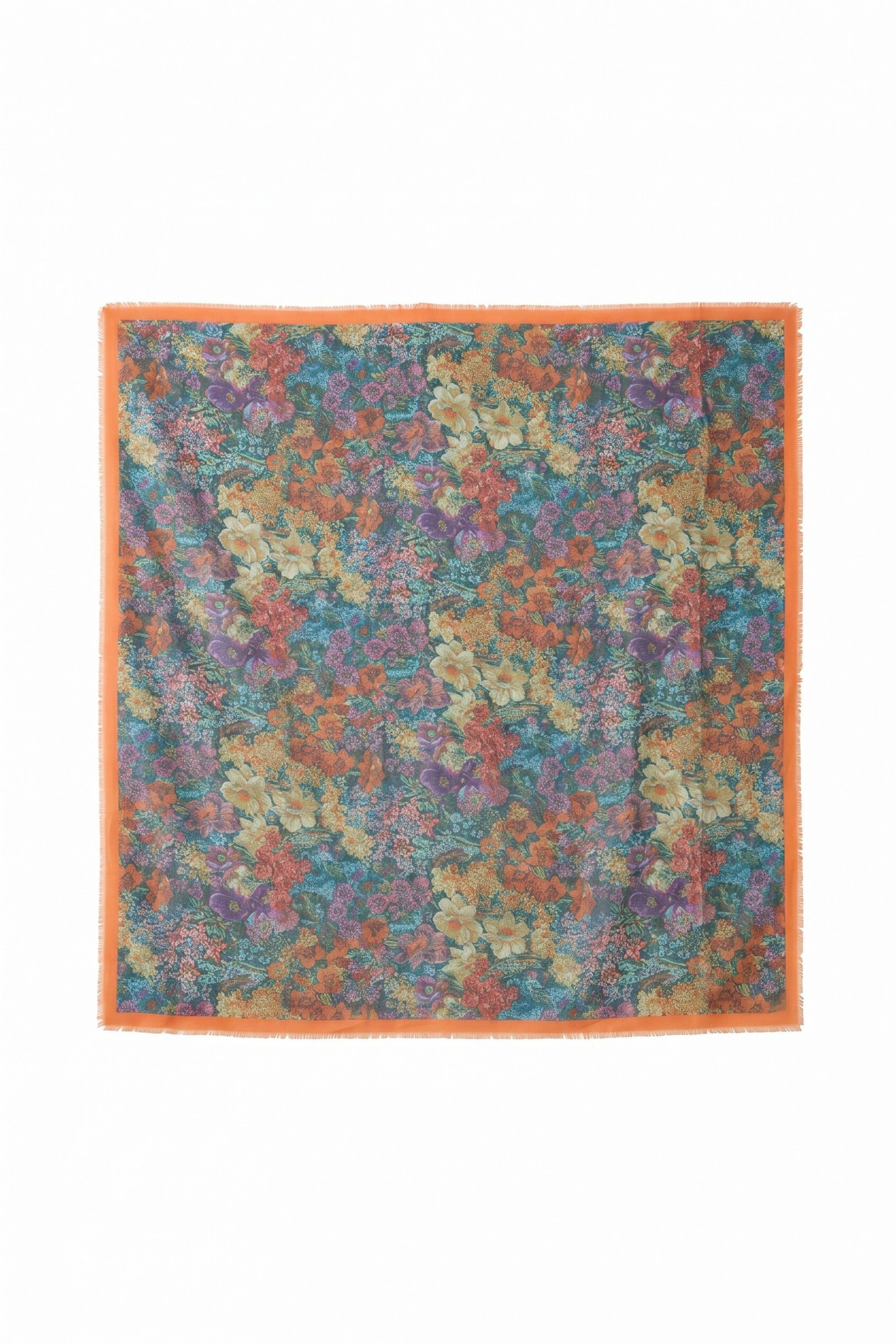 Colorful floral scarf with orange border, perfect for adding a vibrant touch to any outfit.