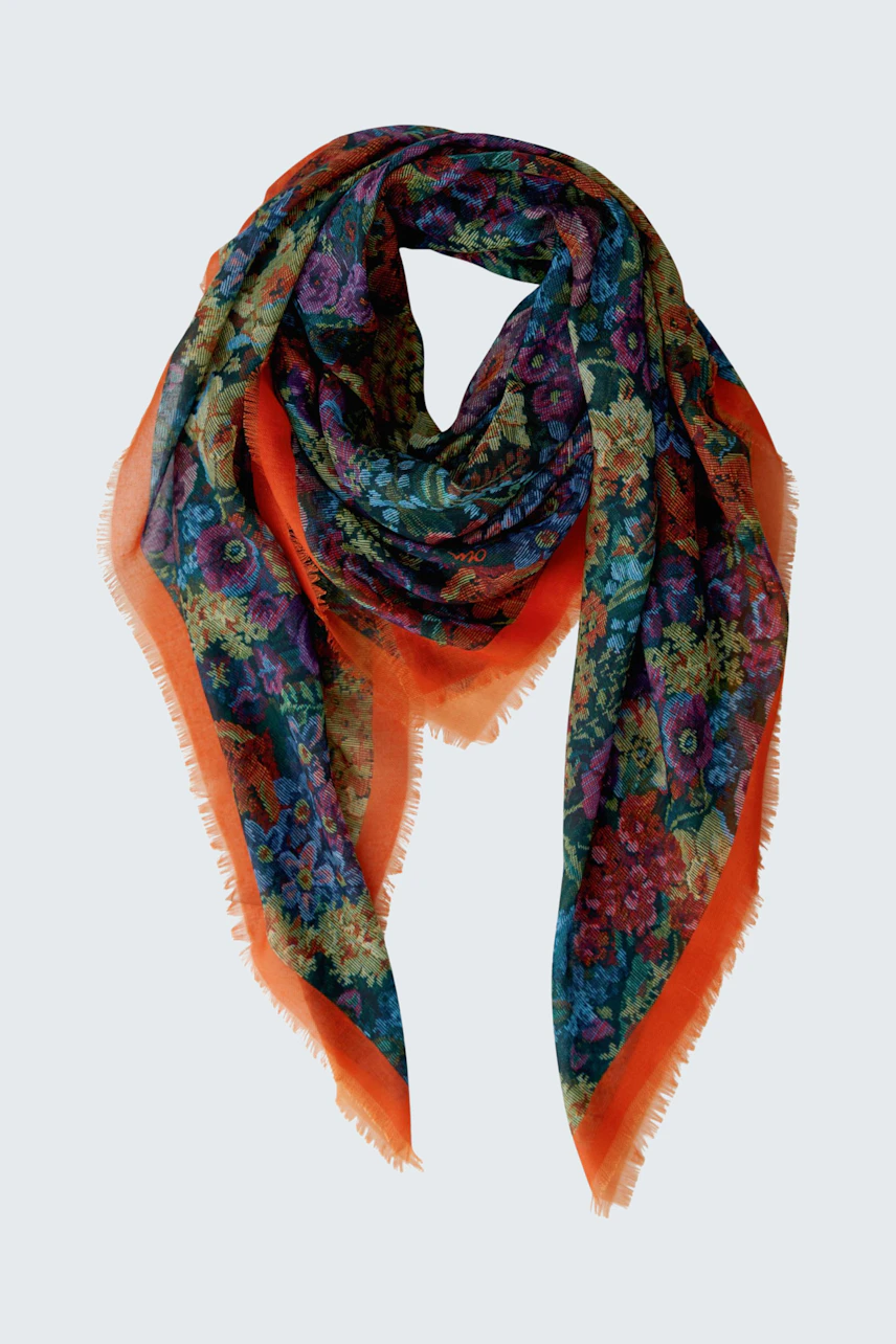 Colorful scarf with floral pattern, vibrant orange edges. Perfect for adding a pop of color.