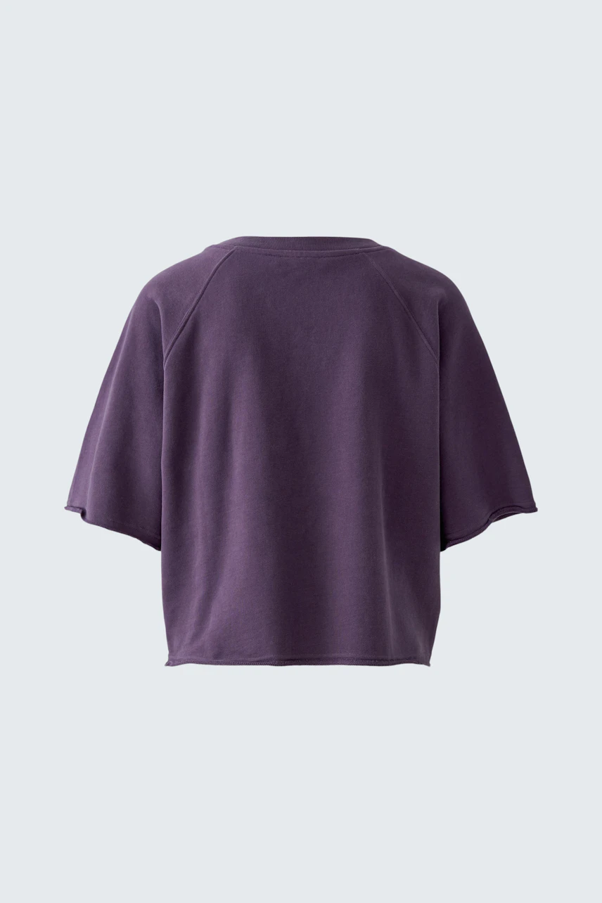 Lässiges Damen-Sweatshirt in Dunkellila, kurzärmlig und bequem geschnitten, ohne Model abgebildet.