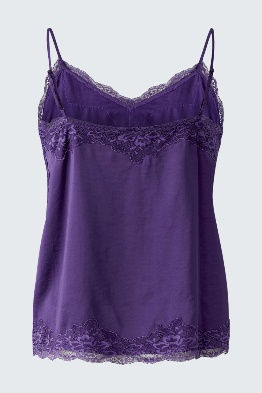 Lila Damen-Top: Ärmelloses Top mit Spitzenbesatz, ideal für lässige Outfits.