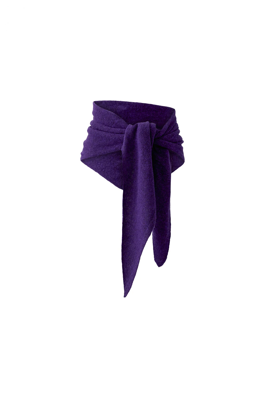 Purple scarf: Soft, textured fabric with a simple knot, perfect for adding color to any outfit.