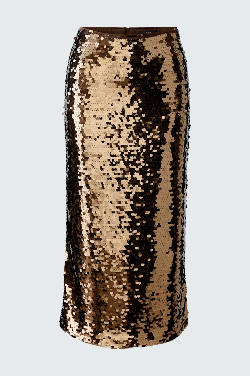 Glänzender Bleistiftrock: Goldfarbener Rock mit Pailletten in Schwarz und Gold, figurbetont und modern.