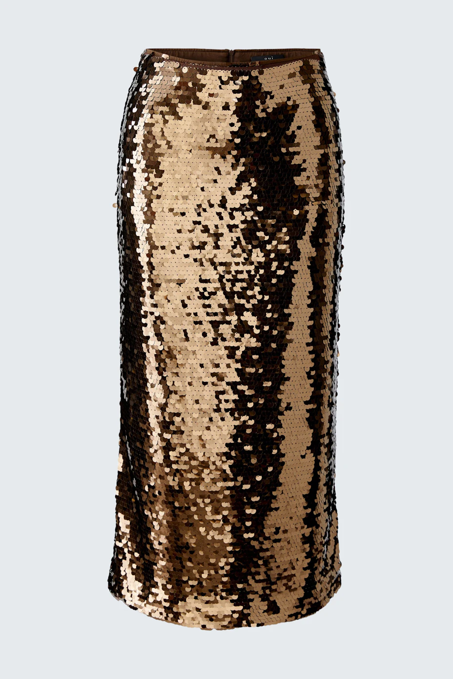Glänzender Bleistiftrock: Goldfarbener Rock mit Pailletten in Schwarz und Gold, figurbetont und modern.