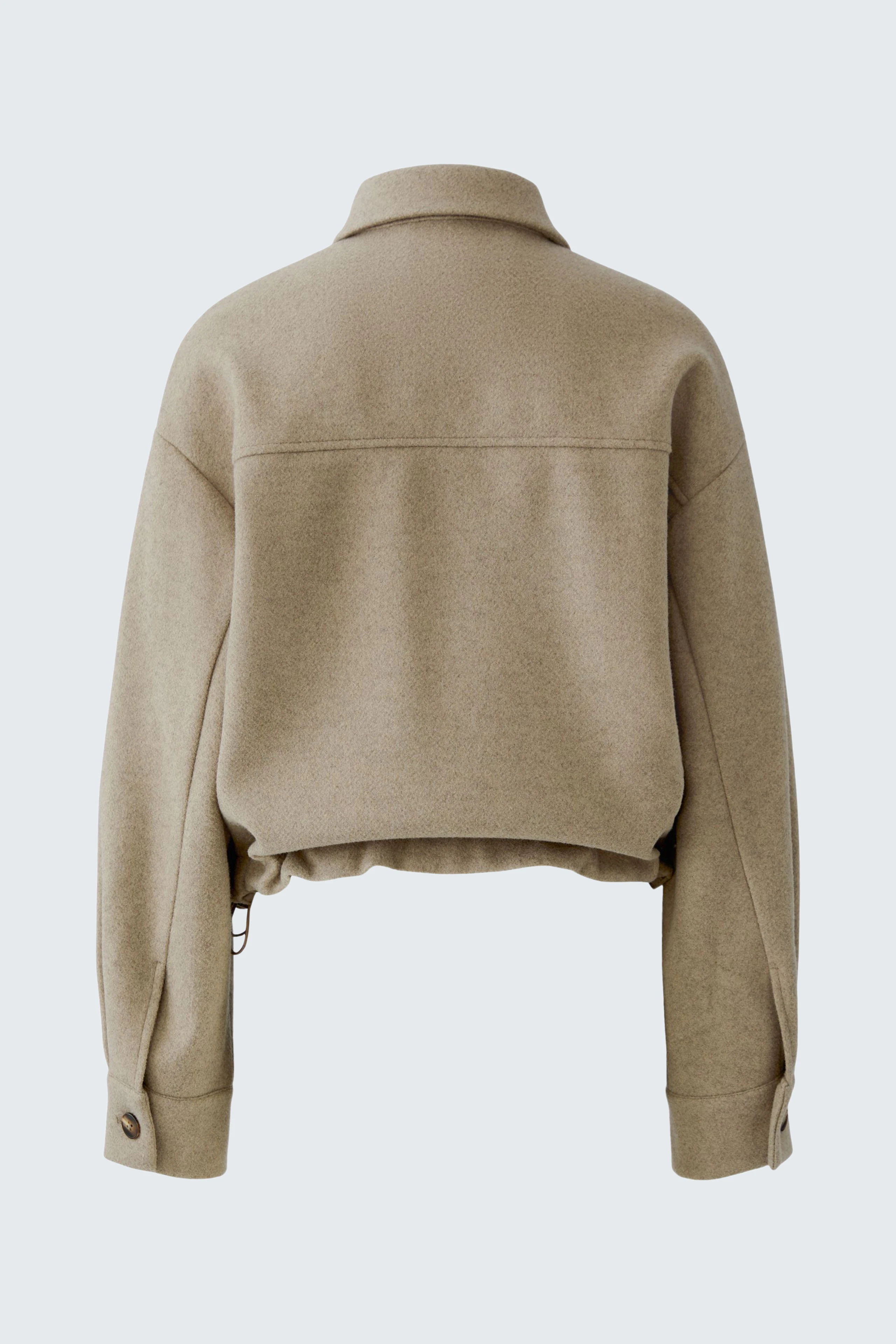 Beige Damen-Jacke: Kurze, lässige Jacke mit Kragen und Knopfdetails, ideal für den Alltag.