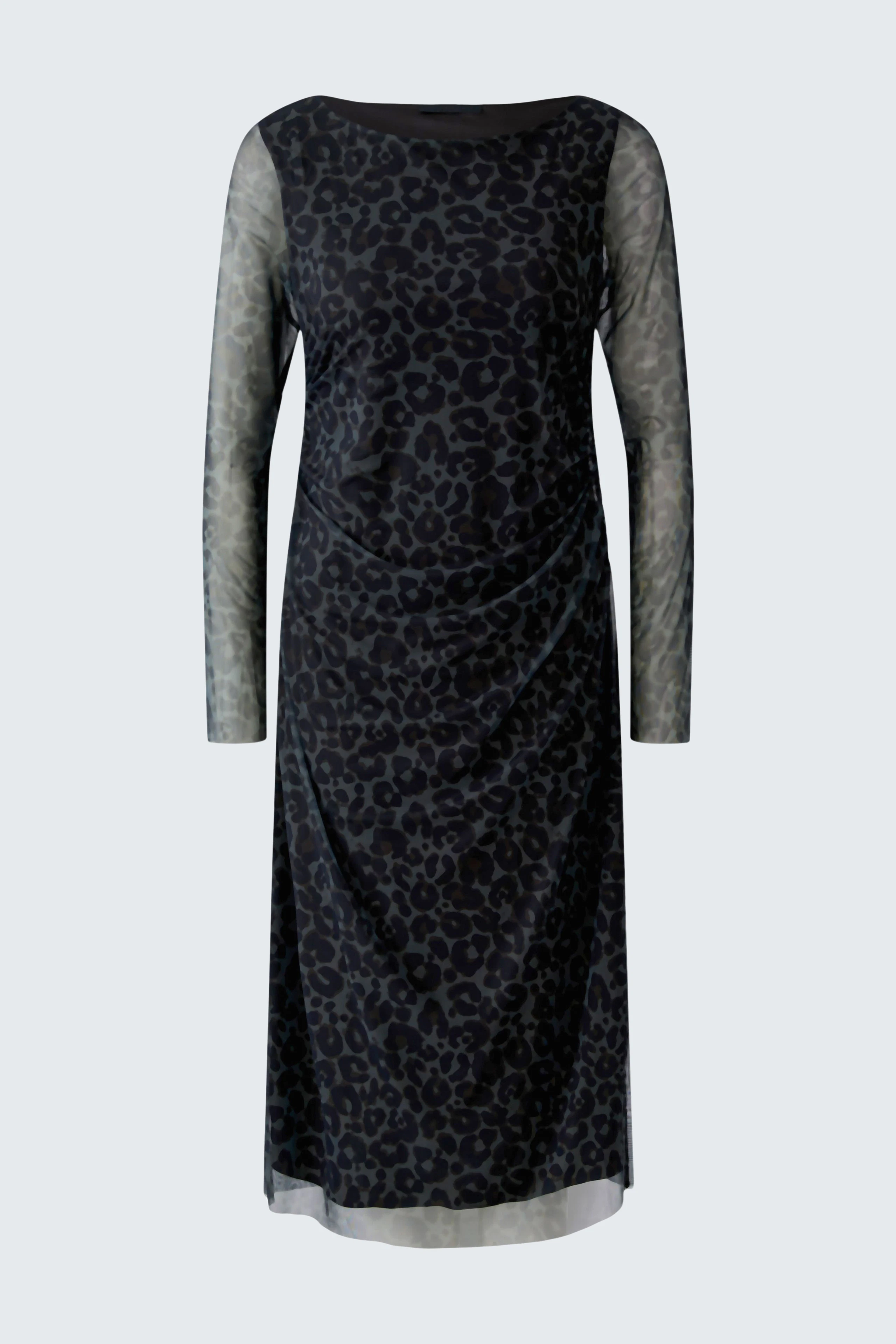 Schwarzes Midikleid mit transparenten Ärmeln und dezentem Muster, perfekt für einen stilvollen Auftritt.