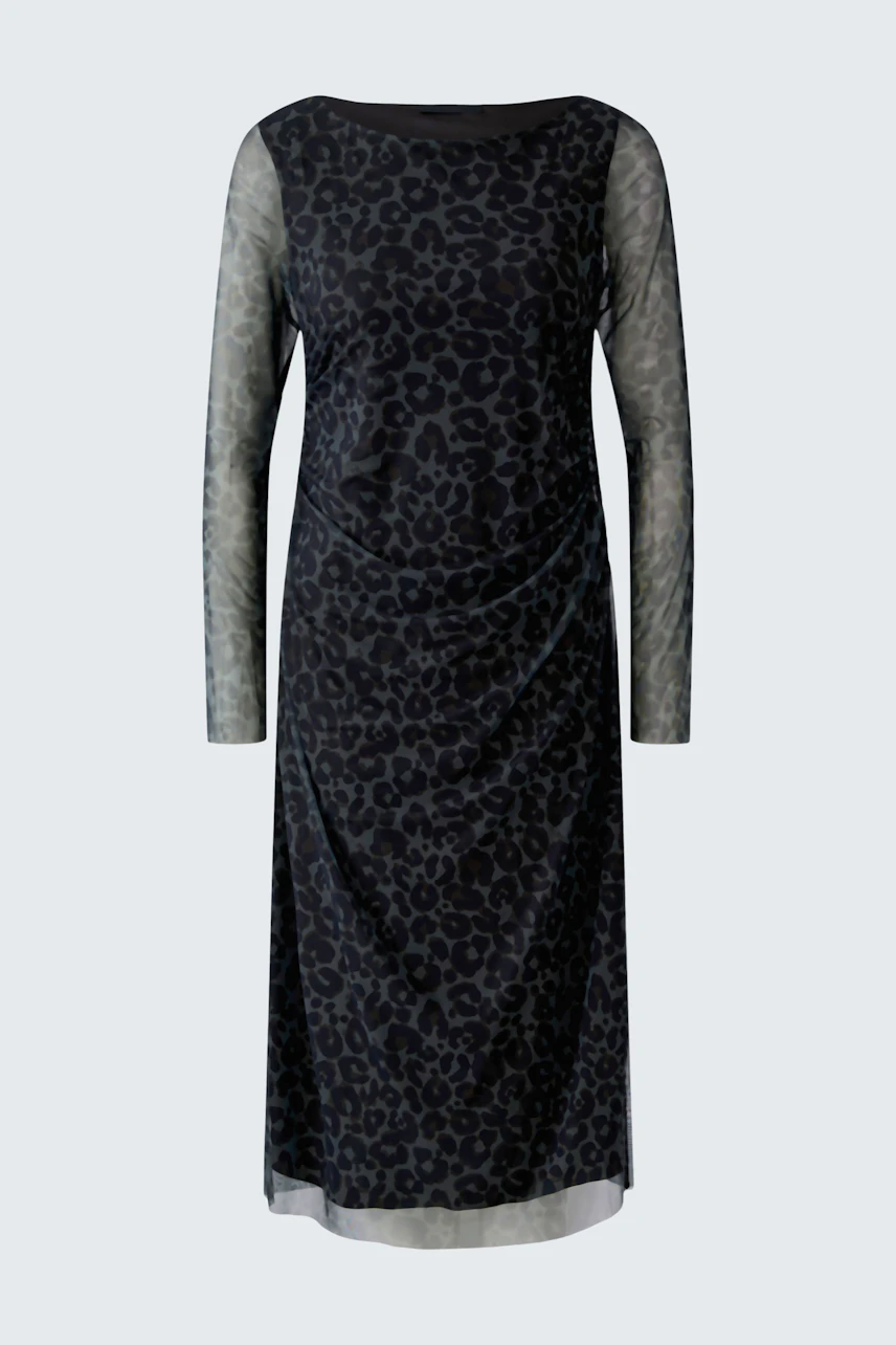 Leopard print midi dress with sheer sleeves, perfect for a bold and stylish look.