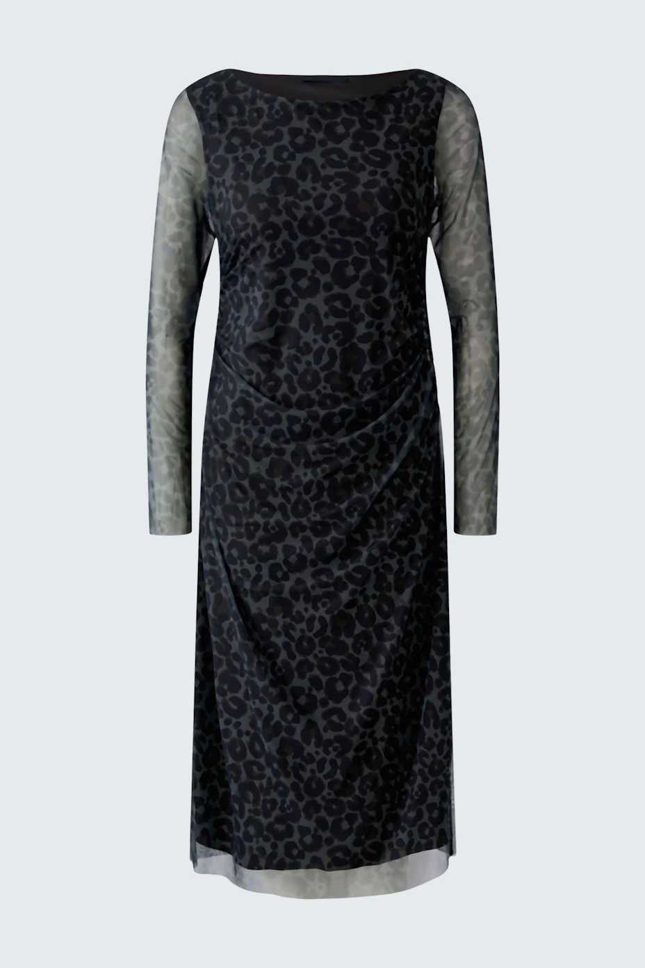 Leopard print midi dress with sheer sleeves, perfect for a bold and stylish look.