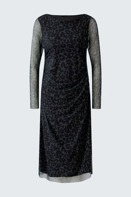 Schwarzes Midikleid mit transparenten Ärmeln und dezentem Muster, perfekt für einen stilvollen Auftritt.