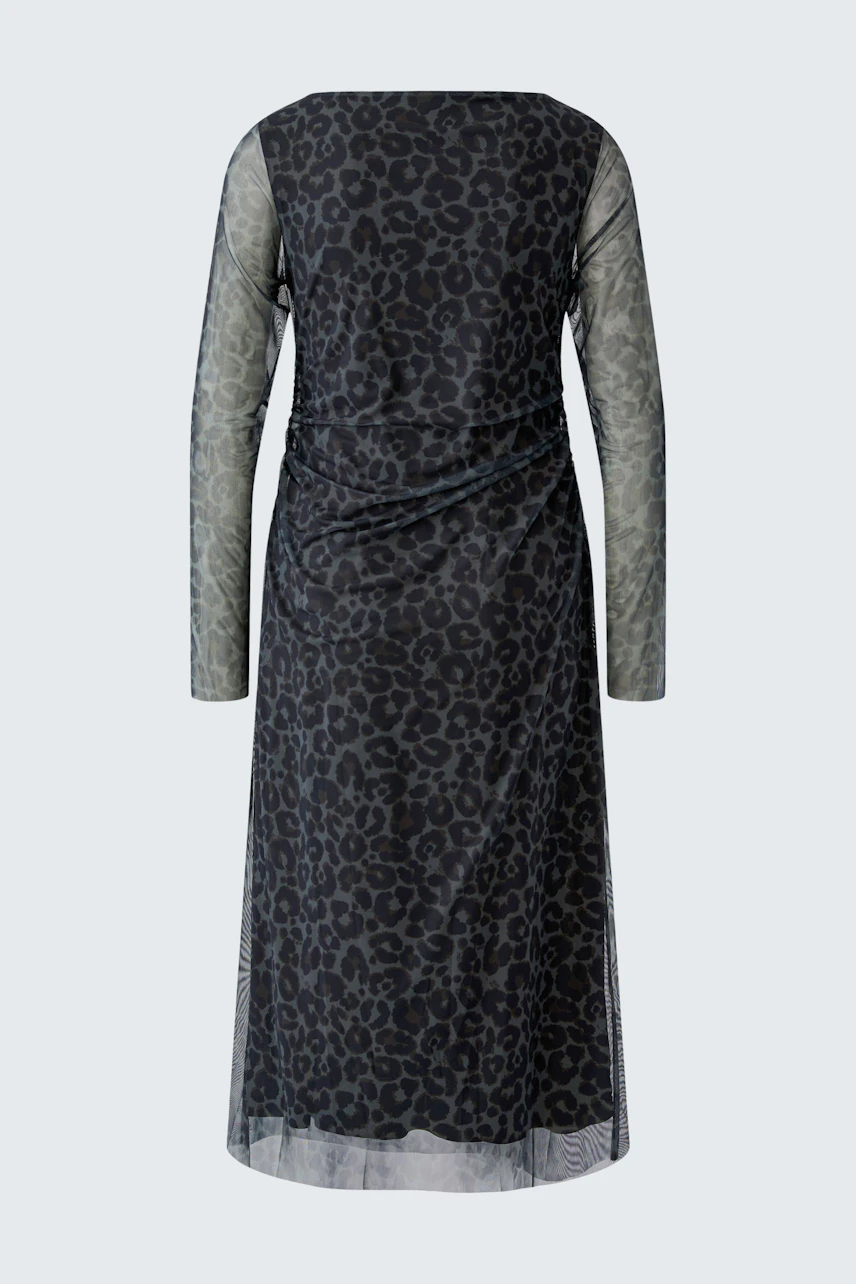 Leopard print midi dress with sheer sleeves, displayed on a hanger, showcasing its unique pattern.