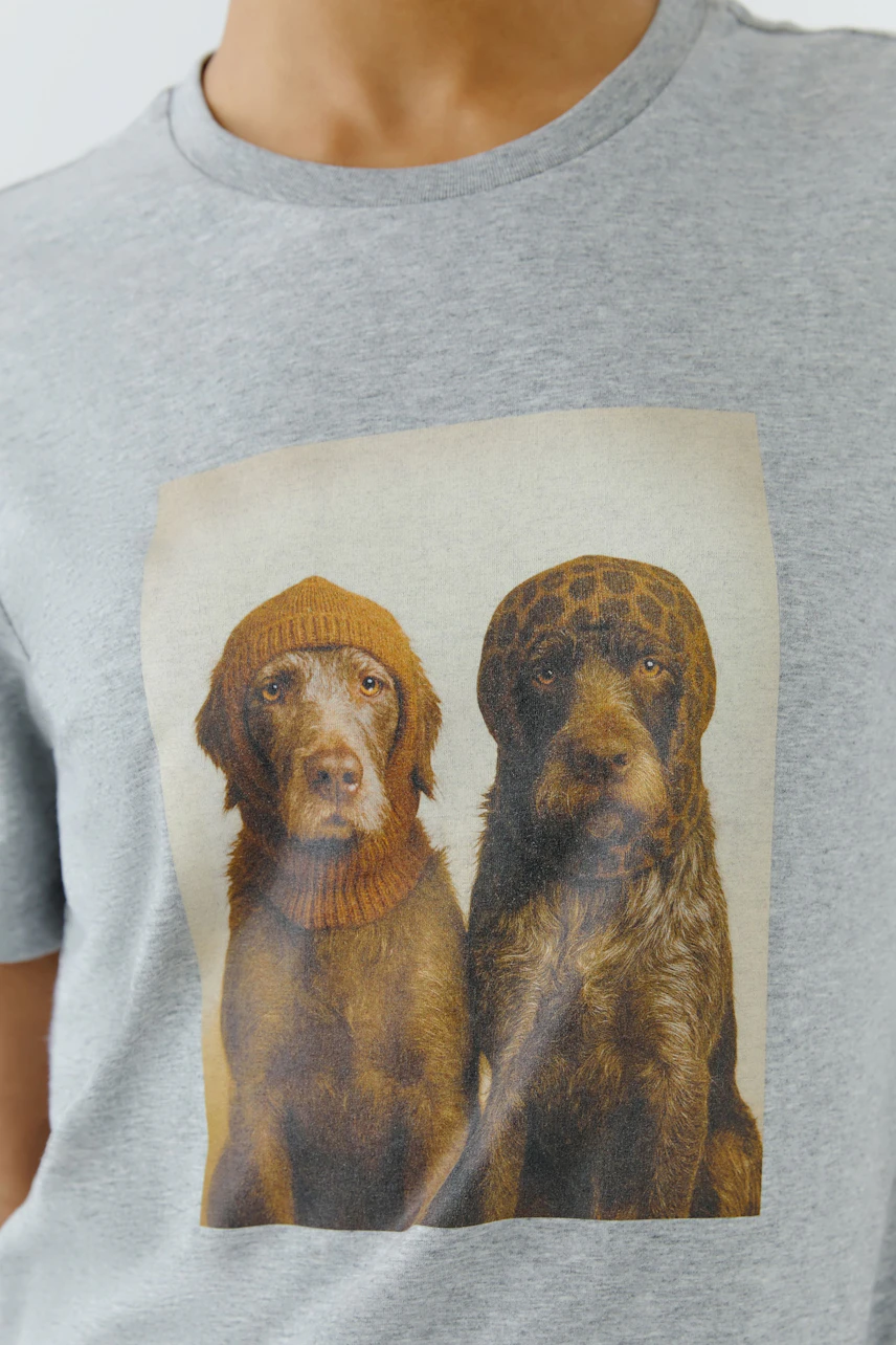 Graues Damen-T-Shirt: Frau trägt T-Shirt mit Hundeprint, zwei Hunde mit Mützen, lässiger Look.