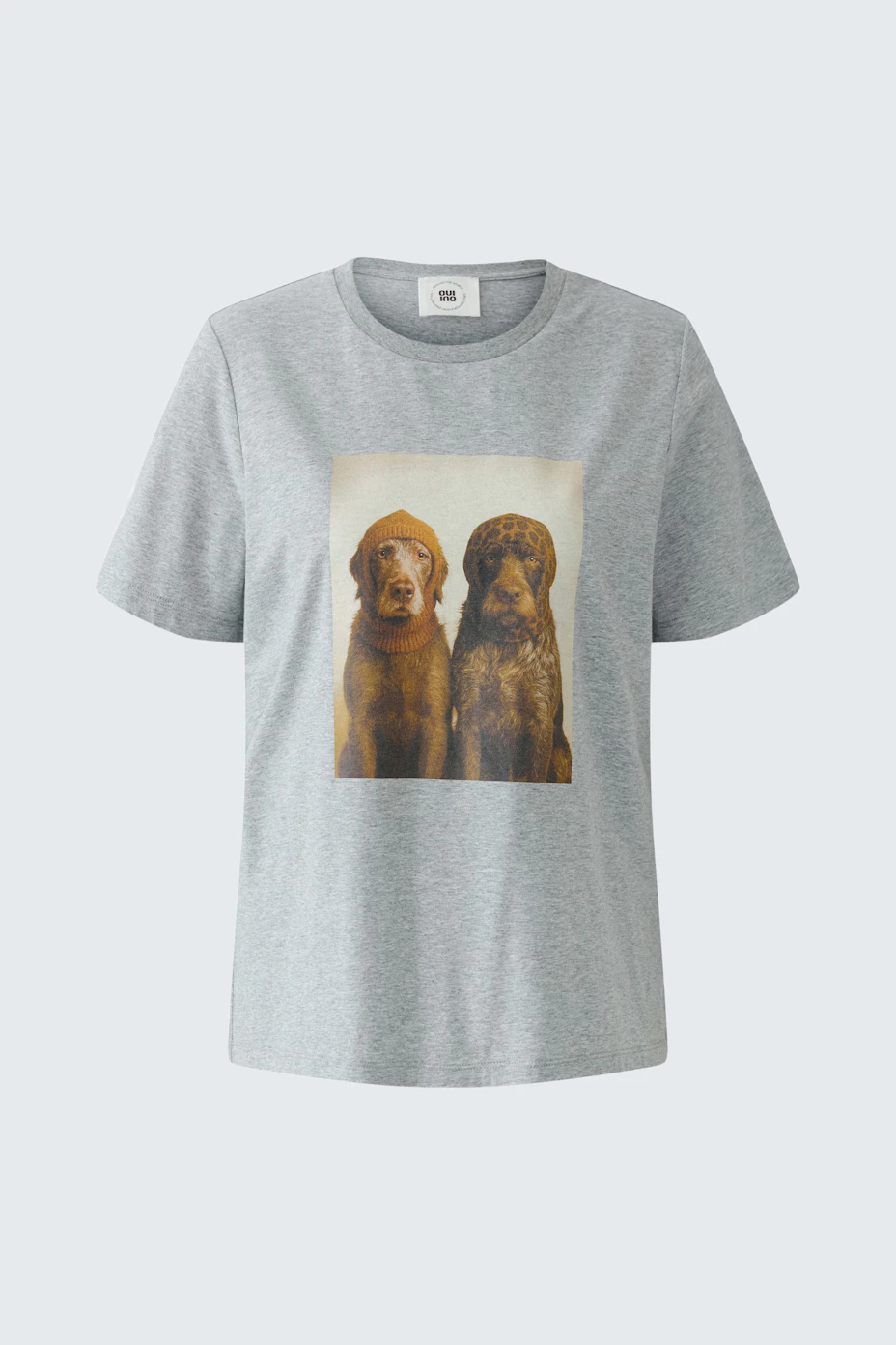 Graues Damen-T-Shirt mit Hundeprint, lässig und bequem für den Alltag.