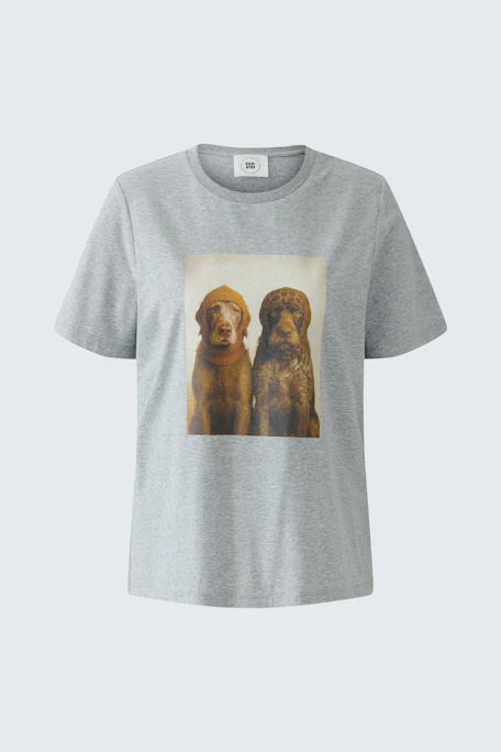 Casual women's T-shirt: Grey T-shirt with a print of two dogs on the front.