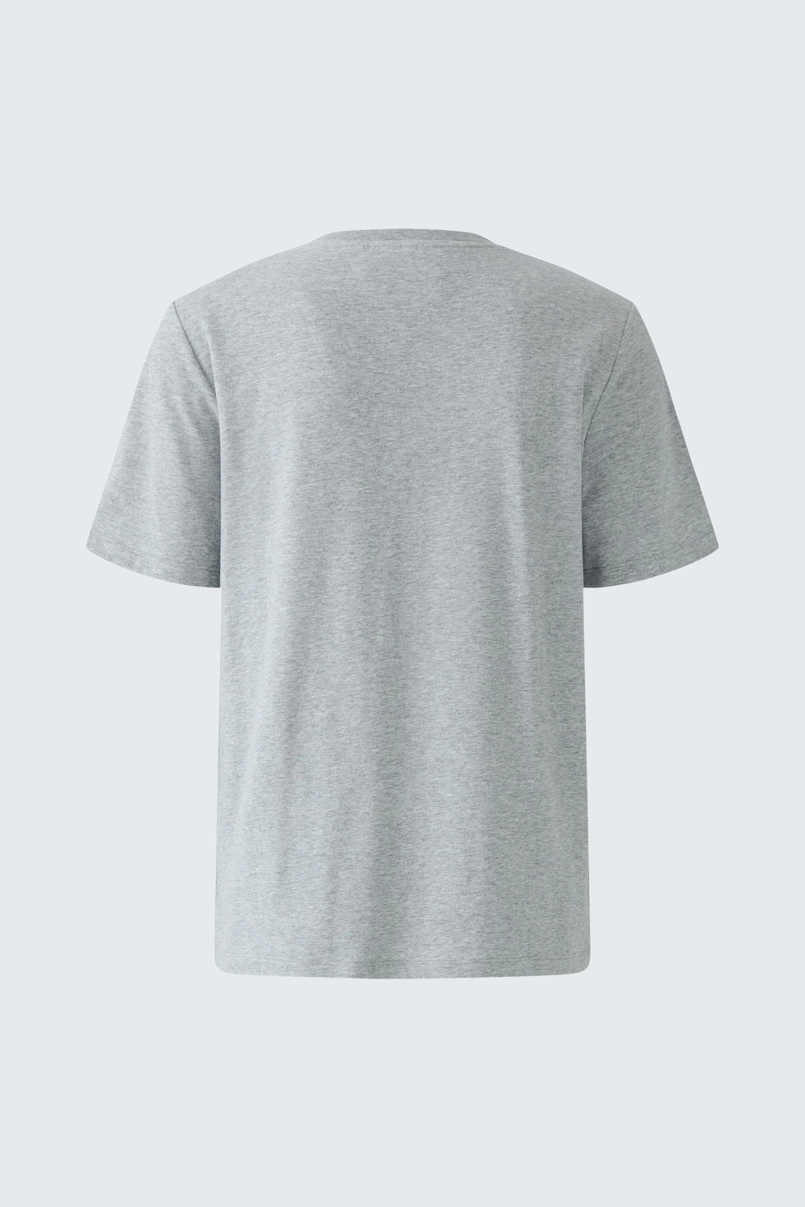 Graues Damen-T-Shirt: Rückansicht eines schlichten, kurzärmeligen T-Shirts aus weichem Stoff.