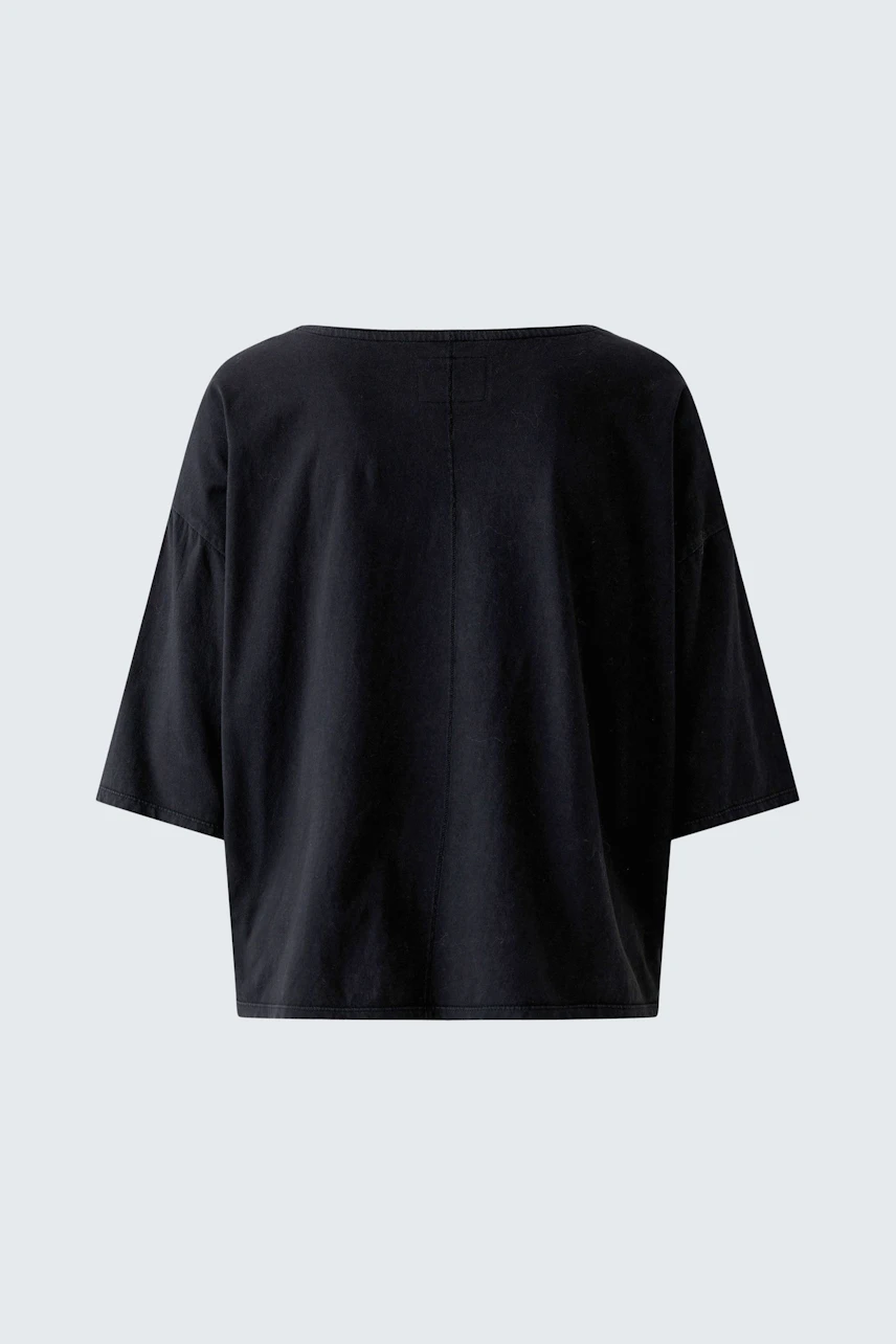 Schwarzes Damen-T-Shirt: Locker geschnittenes T-Shirt ohne Model, schlicht und vielseitig kombinierbar.