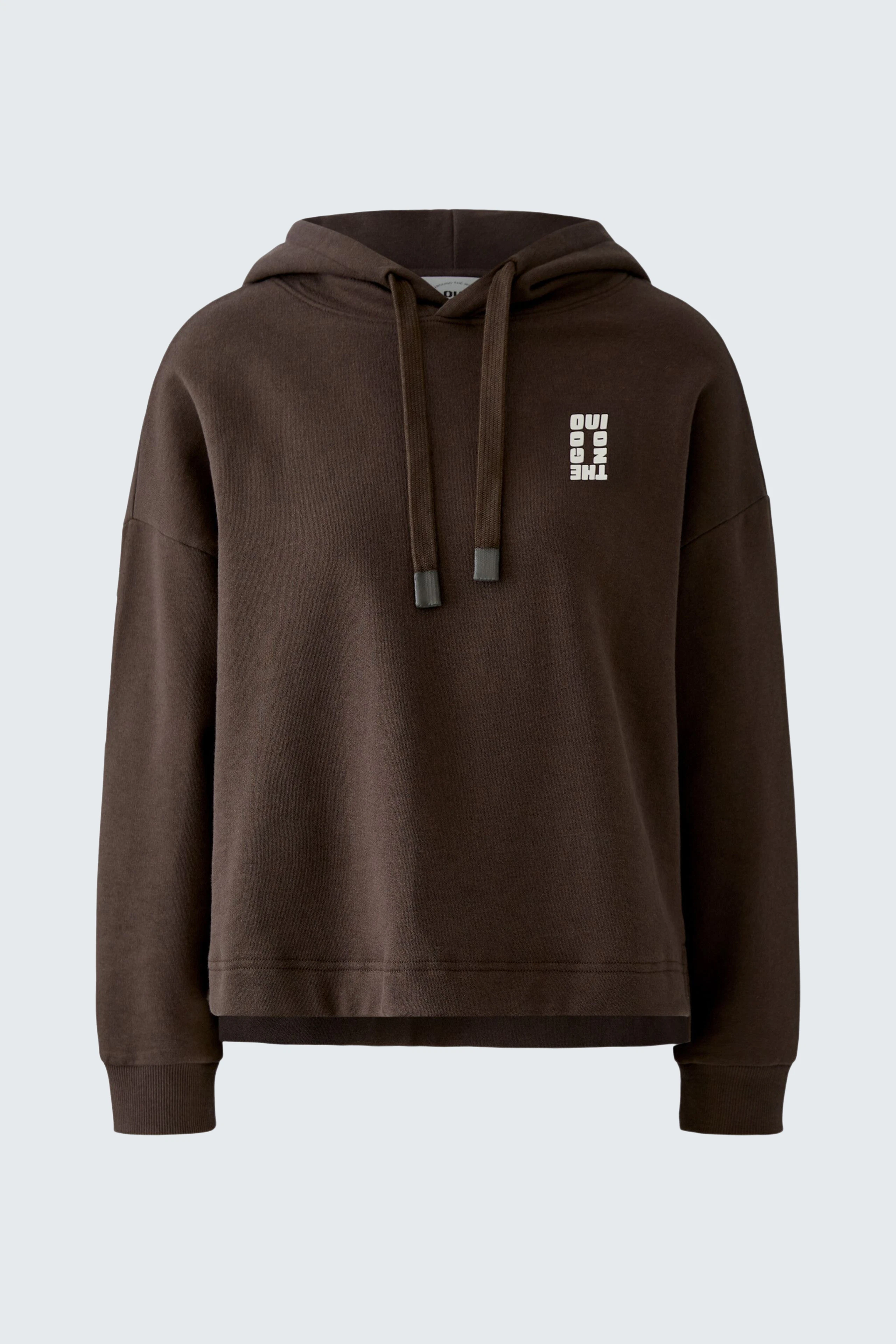 Brauner Damen-Hoodie: Bequemer Kapuzenpullover mit Kordelzug und kleinem Logo-Print auf der Brust.