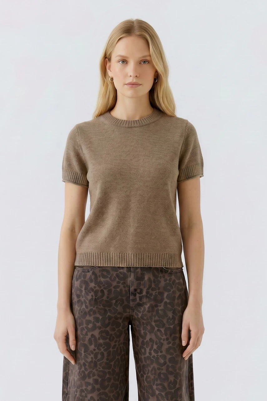 Damen-Pullover: Frau im braunen Kurzarm-Pullover mit gemusterten Hosen, schlicht und modern.