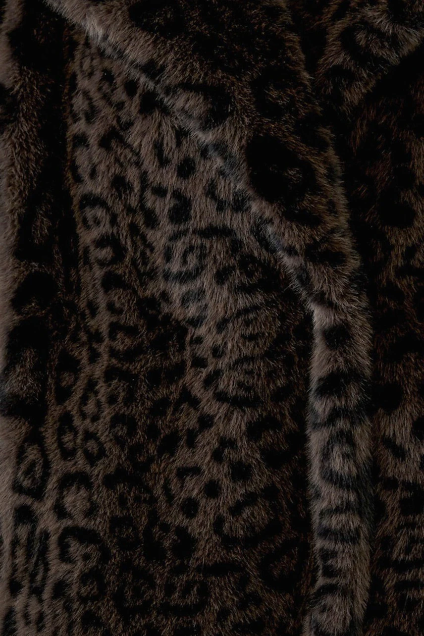 Leopard print coat: Close-up of a textured, faux fur coat with a bold leopard pattern.