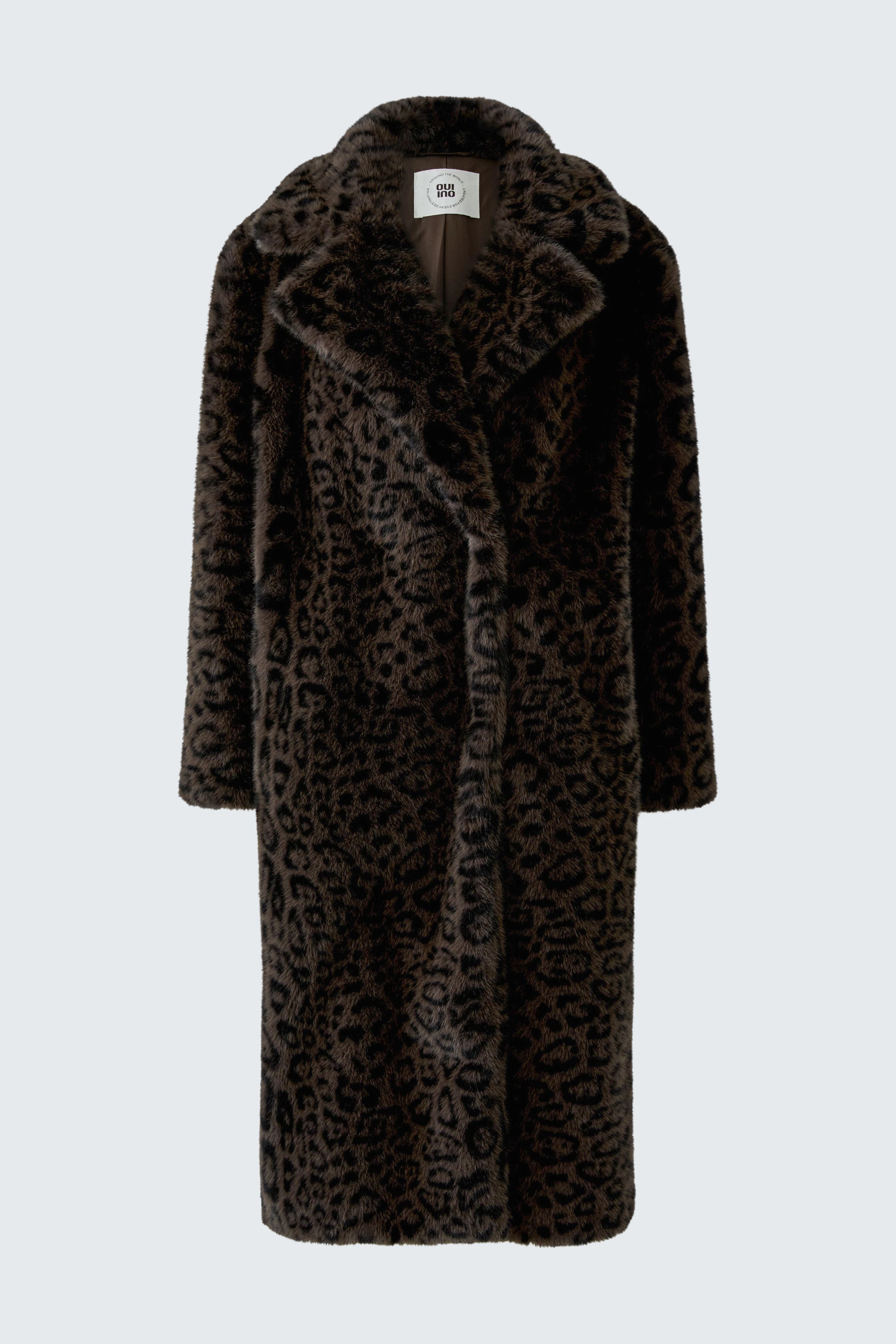 Leopard print coat: Long faux fur coat with bold pattern, perfect for a stylish and warm look.