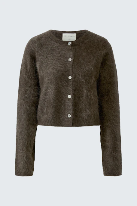 Cozy knit cardigan: Soft brown cardigan with button-up front, perfect for layering in cooler weather.