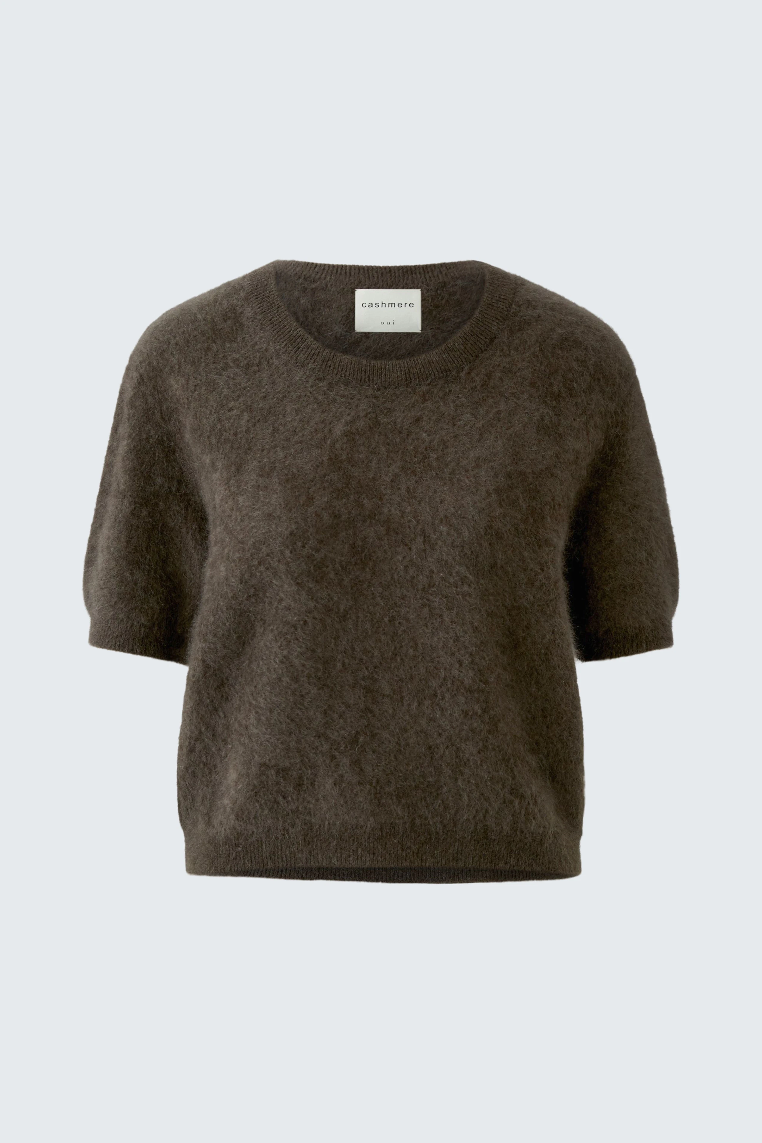 Kuscheliger Damen-Pullover: Brauner Strickpullover mit kurzen Ärmeln, ideal für gemütliche Tage.
