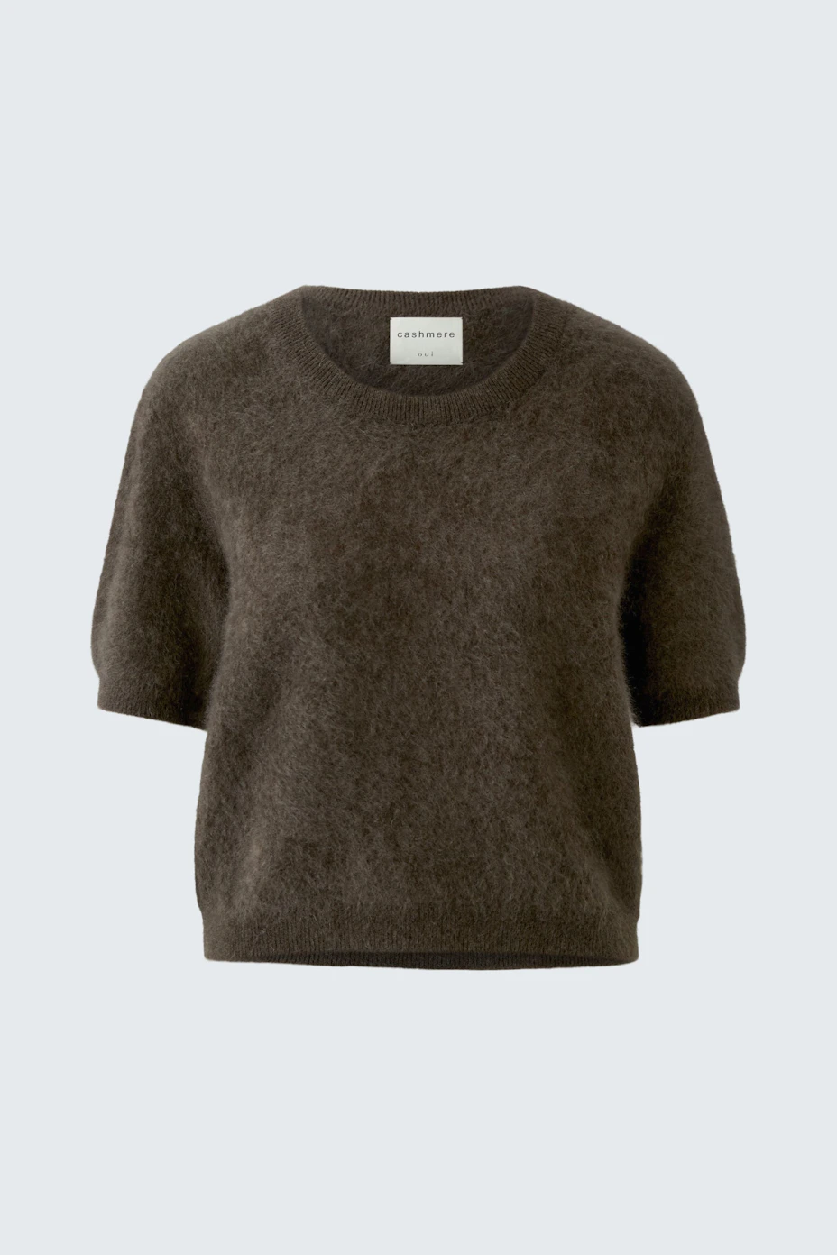 Kuscheliger Damen-Pullover: Brauner Strickpullover mit kurzen Ärmeln, ideal für gemütliche Tage.