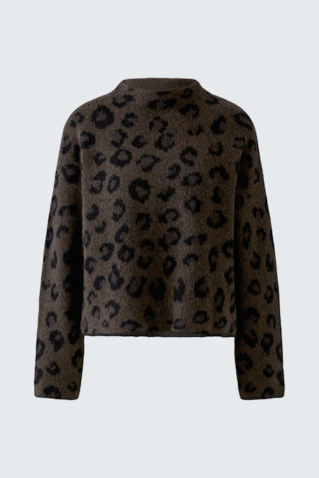 Leopardenmuster-Pullover: Brauner Pullover mit schwarzem Leopardenmuster, ohne Model abgebildet.