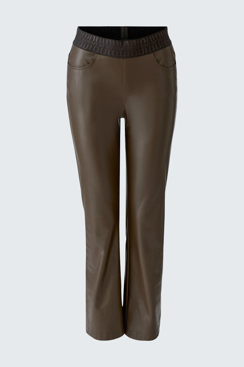 Brown faux leather pants with a quilted waistband, displayed without a model.