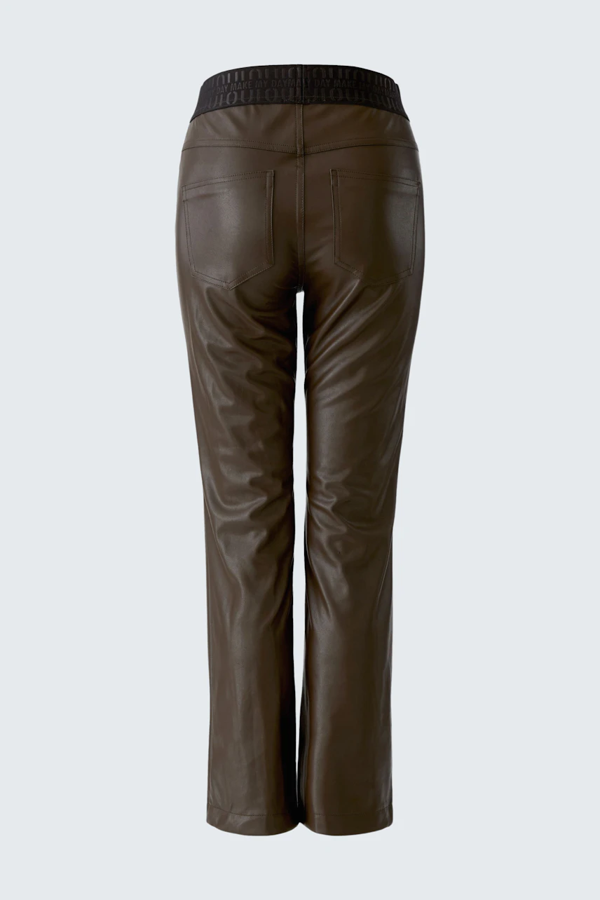 Brown faux leather pants: Back view of pants with elastic waistband, showcasing sleek design and texture.